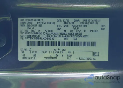 2020 Ford F-150 Xlt z USA, uszkodzony, nr VIN 1FTEX1EB5LKD68233